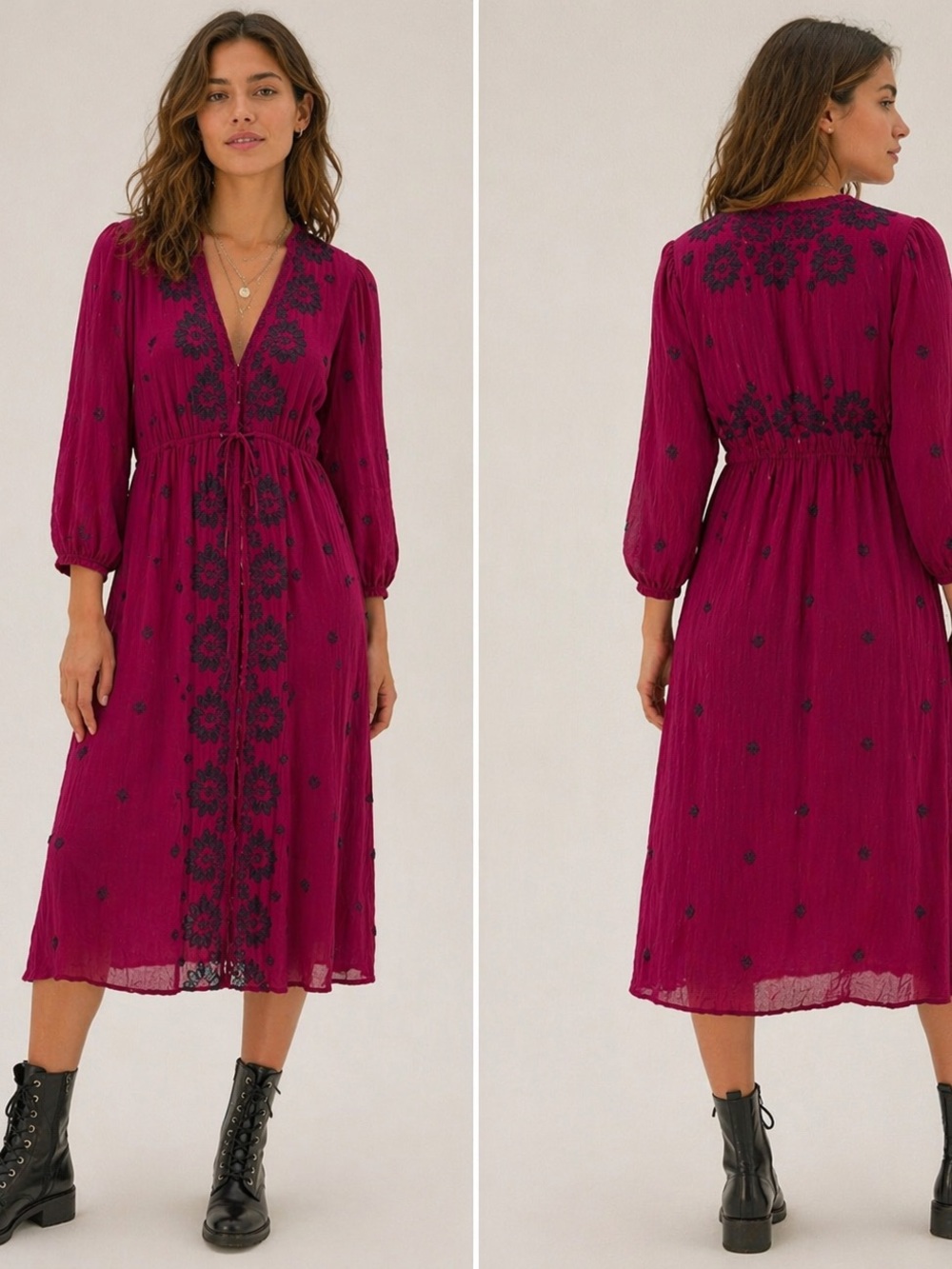 Free People Berry Midi Dress with blue Embroidery - size S